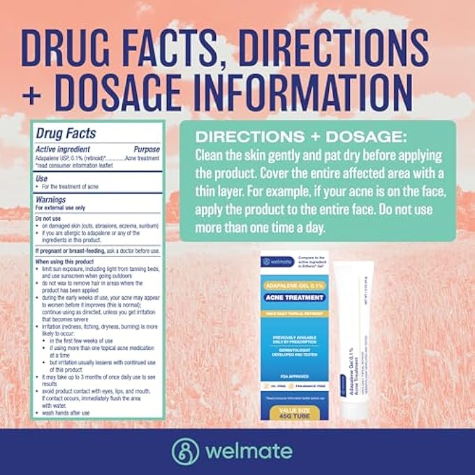 WELMATE - ADAPALENE GEL 0.1% (2 PACK) ACNE TREATMENT - ONCE DAILY TOPICAL RETINOID - OIL FREE - FRAGRANCE FREE - PREVIOUSLY PRESCRIPTION ONLY - VALUE SIZE - OVER-THE-COUNTER MEDICATION - SKIN CARE - Image 4